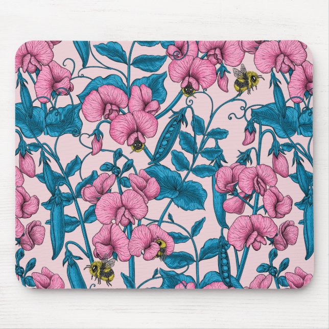 Sweet peas and bumblebees, pink and blue mouse pad (Front)