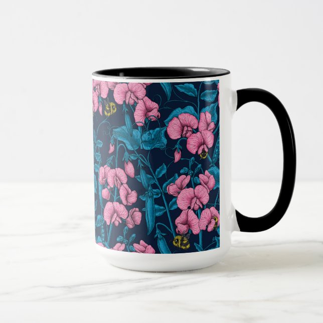 Sweet peas and bumblebees, pink and blue mug (Right)