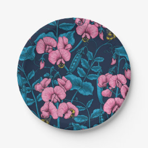 Sweet peas and bumblebees, pink and blue paper plate