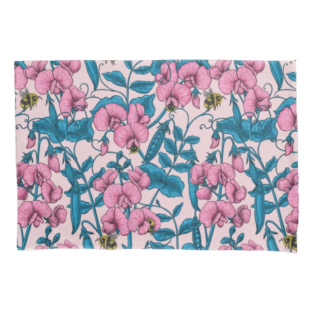 Sweet peas and bumblebees, pink and blue pillowcase (Front-Left)