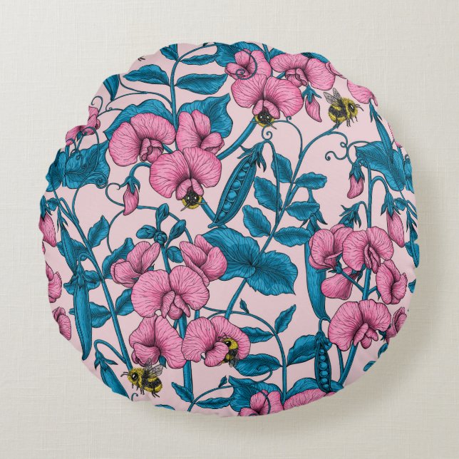 Sweet peas and bumblebees, pink and blue round cushion (Front)