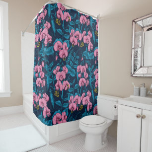 Sweet peas and bumblebees, pink and blue shower curtain