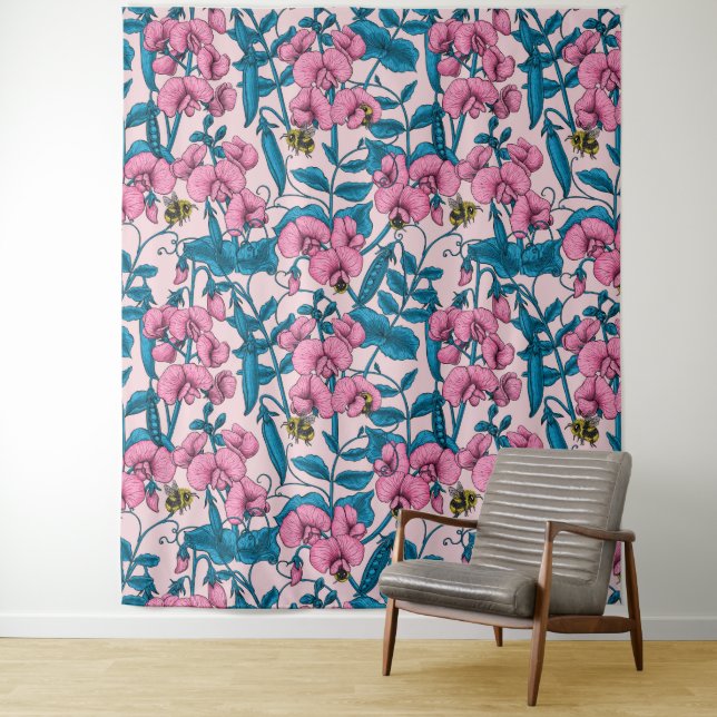 Sweet peas and bumblebees, pink and blue tapestry (In Situ)