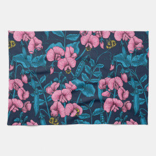 Sweet peas and bumblebees, pink and blue tea towel