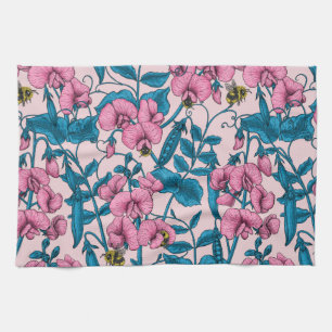 Sweet peas and bumblebees, pink and blue tea towel