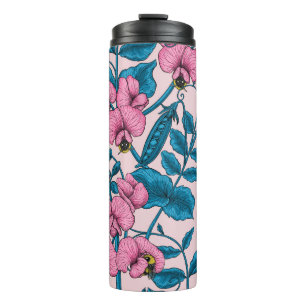 Sweet peas and bumblebees, pink and blue thermal tumbler