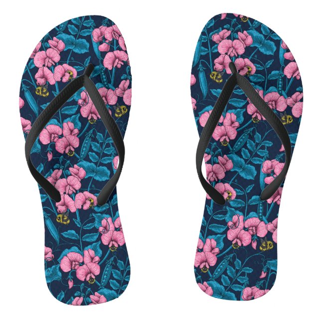 Sweet peas and bumblebees, pink and blue thongs (Footbed)