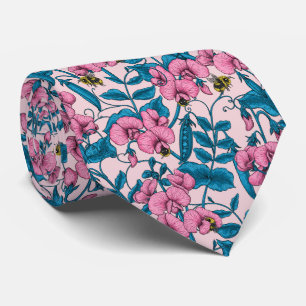 Sweet peas and bumblebees, pink and blue tie