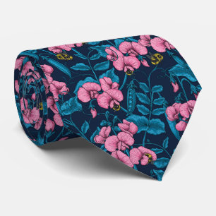 Sweet peas and bumblebees, pink and blue tie