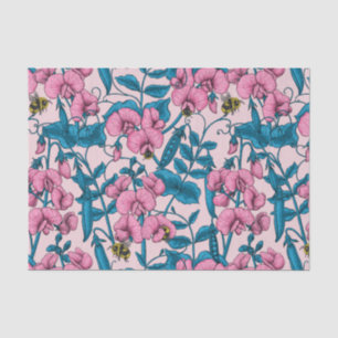 Sweet peas and bumblebees, pink and blue tissue paper