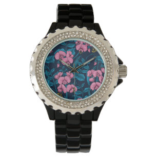 Sweet peas and bumblebees, pink and blue watch