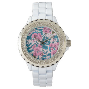 Sweet peas and bumblebees, pink and blue watch