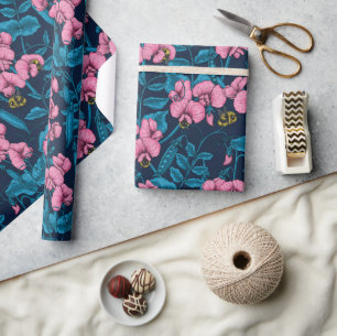 Sweet peas and bumblebees, pink and blue wrapping paper