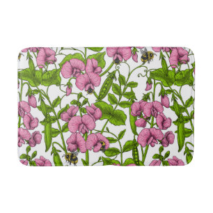 Sweet peas and bumblebees, pink, green and white bath mat
