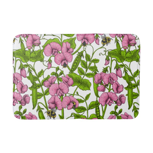 Sweet peas and bumblebees, pink, green and white bath mat (Front)
