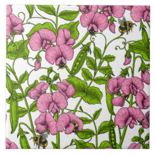 Sweet peas and bumblebees, pink, green and white ceramic tile