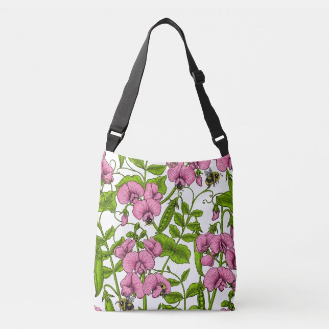 Sweet peas and bumblebees, pink, green and white crossbody bag (Front)