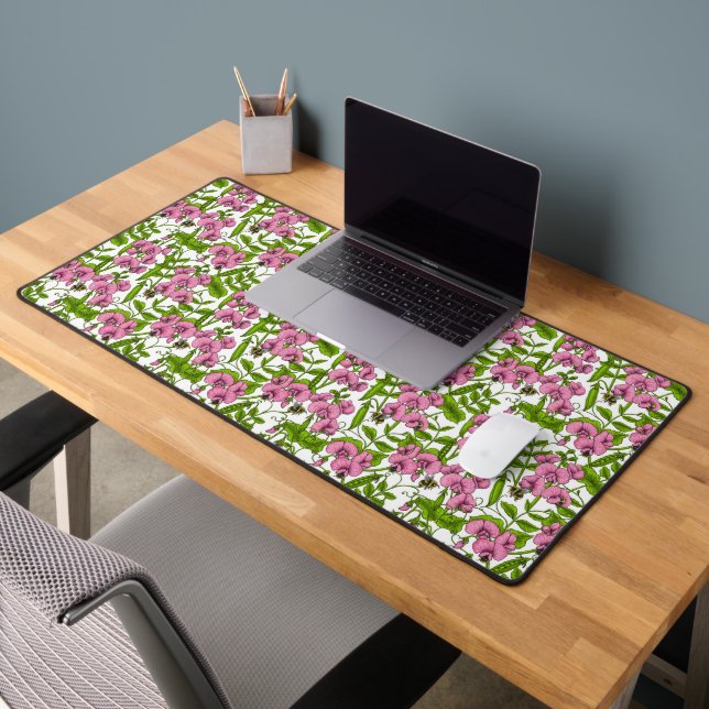 Sweet peas and bumblebees, pink, green and white desk mat (Office 2)