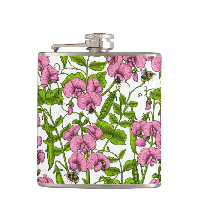 Sweet peas and bumblebees, pink, green and white hip flask (Front)