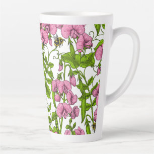 Sweet peas and bumblebees, pink, green and white latte mug
