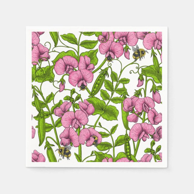 Sweet peas and bumblebees, pink, green and white napkin (Front)