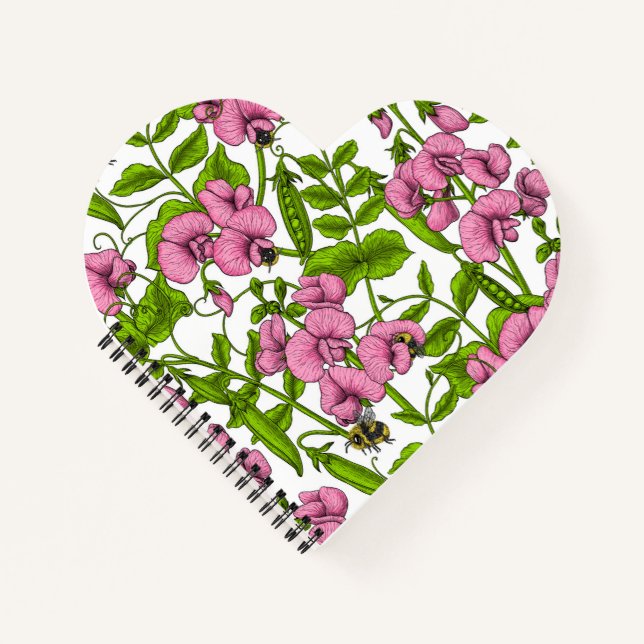 Sweet peas and bumblebees, pink, green and white notebook (Front)