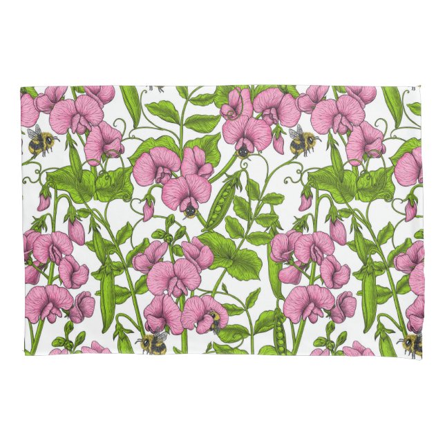 Sweet peas and bumblebees, pink, green and white pillowcase (Front-Left)