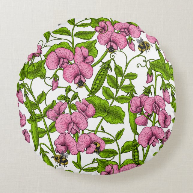 Sweet peas and bumblebees, pink, green and white round cushion (Front)