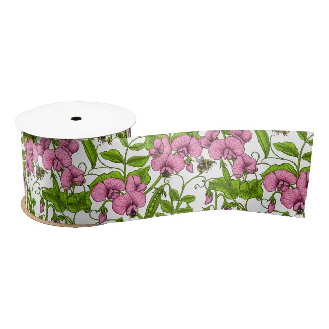 Sweet peas and bumblebees, pink, green and white satin ribbon (Spool)