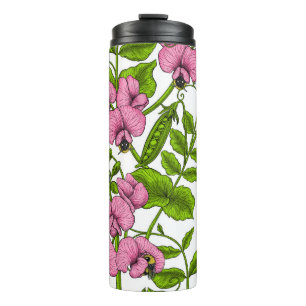 Sweet peas and bumblebees, pink, green and white thermal tumbler