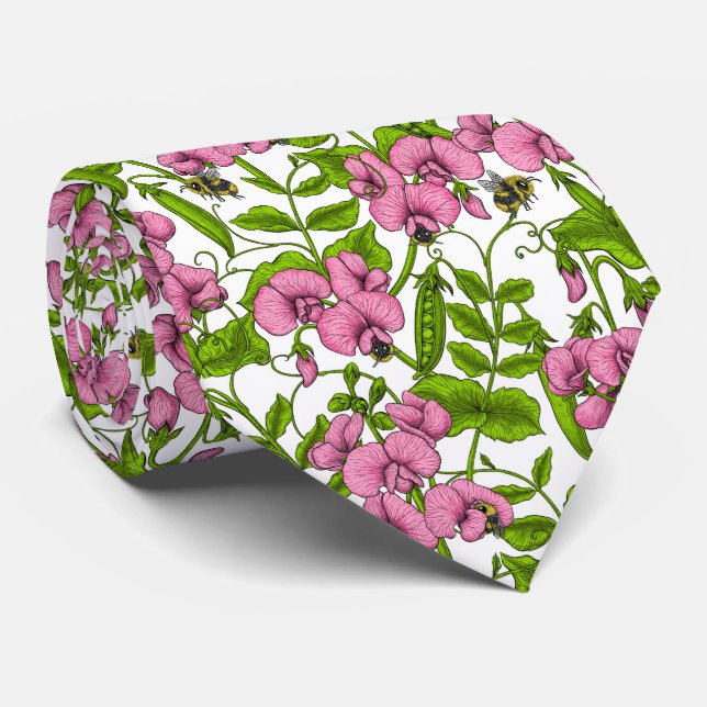 Sweet peas and bumblebees, pink, green and white tie (Rolled)