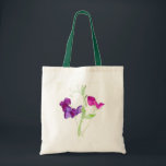 'Sweet Peas' Budget Tote Bag<br><div class="desc">A pretty tote bag in natural colour with green handles and a design of pink and purple sweet peas from a watercolor painting by Judy Adamson. See also matching gifts,  cards and apparel.</div>