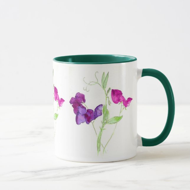 Sweet Peas, Deep Pink, Purple Watercolour Mug (Right)