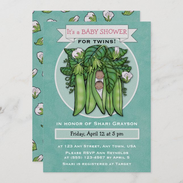 Sweet Peas Ethnic Twins Baby Shower Invitation (Front/Back)