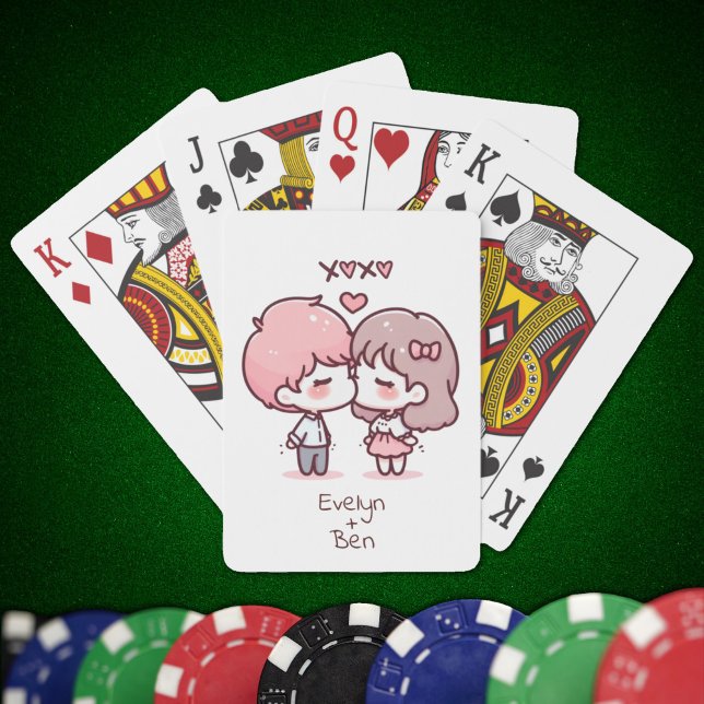 Sweet Personalised Chibi-Style Kissing Couple  Playing Cards (Sweet Personalized Chibi-Style Kissing Couple Playing Cards)