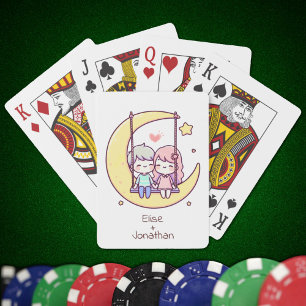 Sweet Personalised Chibi-Style Moon Swing Couple Playing Cards