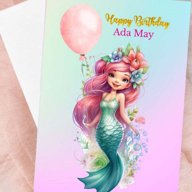 Sweet Personalised Mermaid Birthday Card for Girls (Mermaid Happy Birthday Card)
