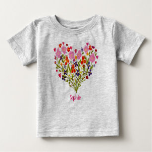 Sweet Personalised Watercolor Flower Heart Baby T-Shirt