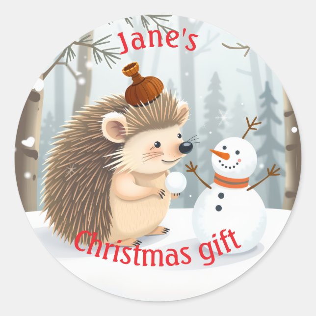 Sweet personlized hedgehog and snowman classic round sticker (Front)