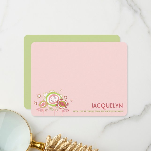 Sweet Petite Pink Blossom Floral Girl Baby Shower Thank You Card (Front/Back In Situ)