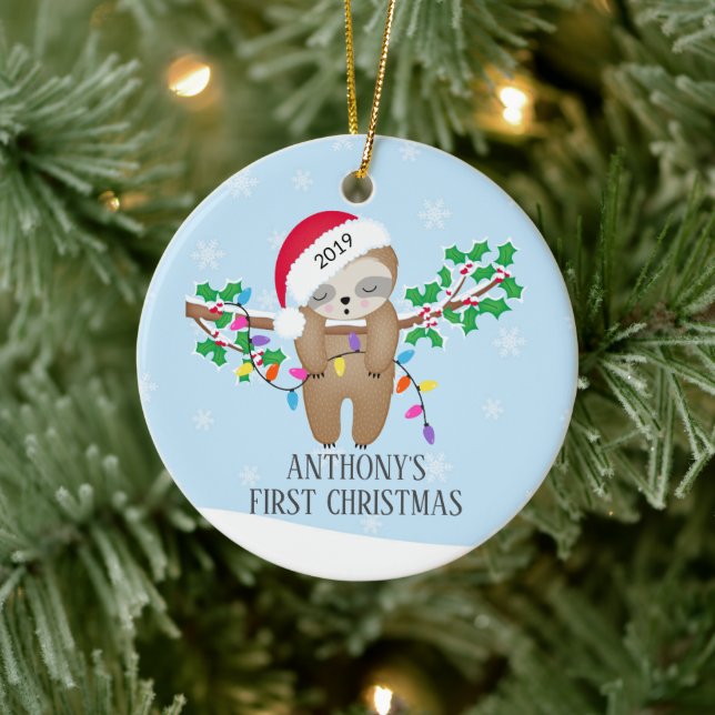 Sweet Photo Sleepy Sloth Baby's First Christmas Ceramic Ornament (Tree)