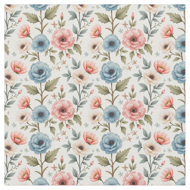 Sweet Pink and Blue Flowers Fabric (Close Up)