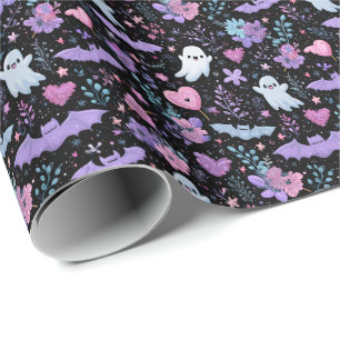 Sweet Pink and Purple Halloween Bats and Ghosts Wrapping Paper