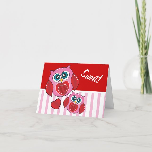 Sweet Pink and Red Owls - Valentine Holiday Card (Front)
