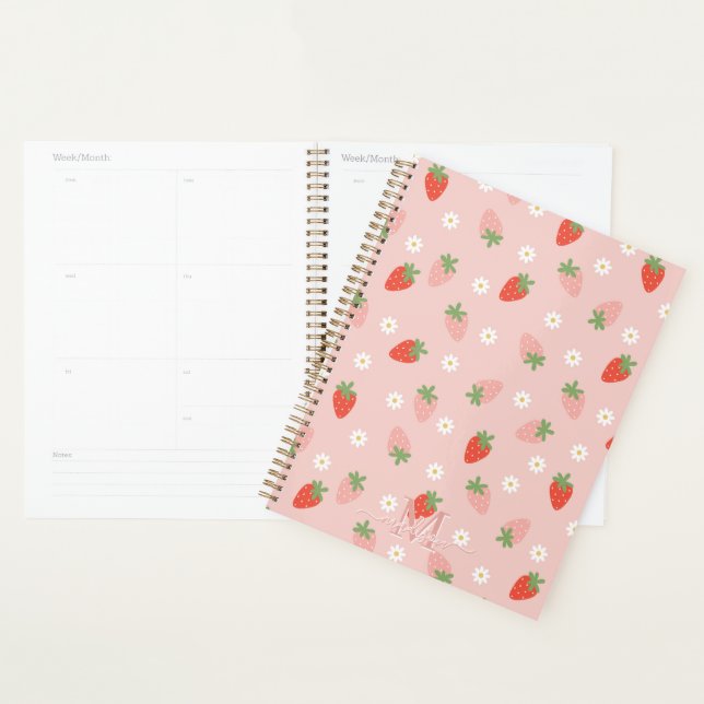 Sweet Pink and Red Strawberries Monogram Planner (Display)