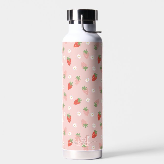 Sweet Pink and Red Strawberries Monogram  Water Bottle (Left)