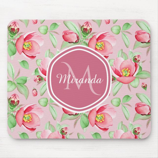 Sweet Pink Apple Blossom Floral With Monogram Mouse Pad (Front)