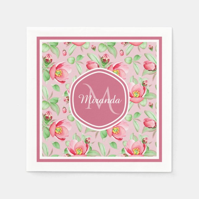 Sweet Pink Apple Blossom Floral With Monogram Napkin (Front)