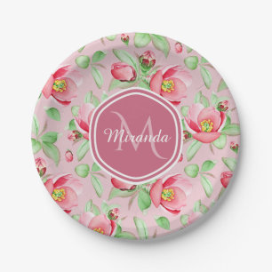 Sweet Pink Apple Blossom Floral With Monogram Paper Plate