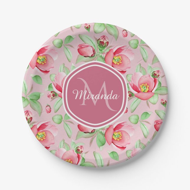 Sweet Pink Apple Blossom Floral With Monogram Paper Plate (Front)